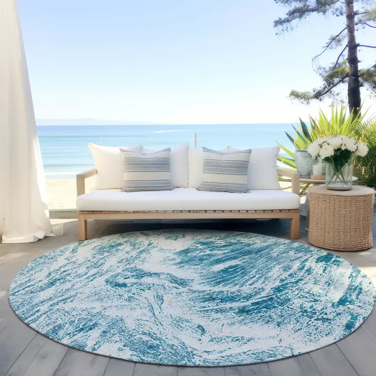 8' Teal Blue And Ivory Round Abstract Washable Indoor Outdoor Area Rug