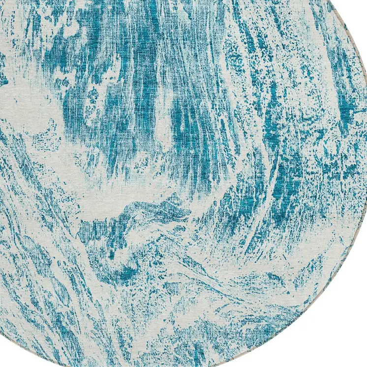 8' Teal Blue And Ivory Round Abstract Washable Indoor Outdoor Area Rug