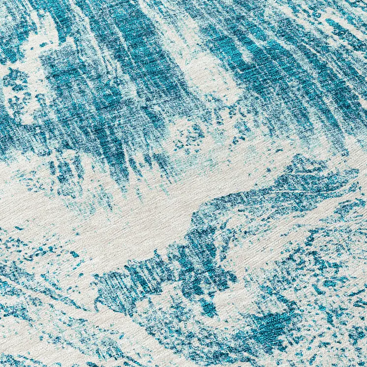 8' Teal Blue And Ivory Round Abstract Washable Indoor Outdoor Area Rug