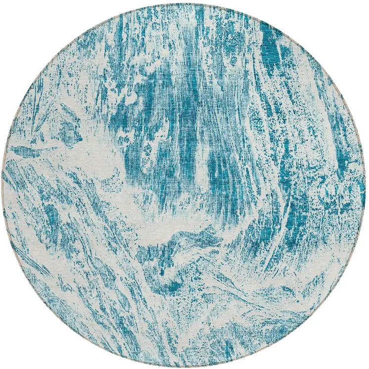 8' Teal Blue And Ivory Round Abstract Washable Indoor Outdoor Area Rug