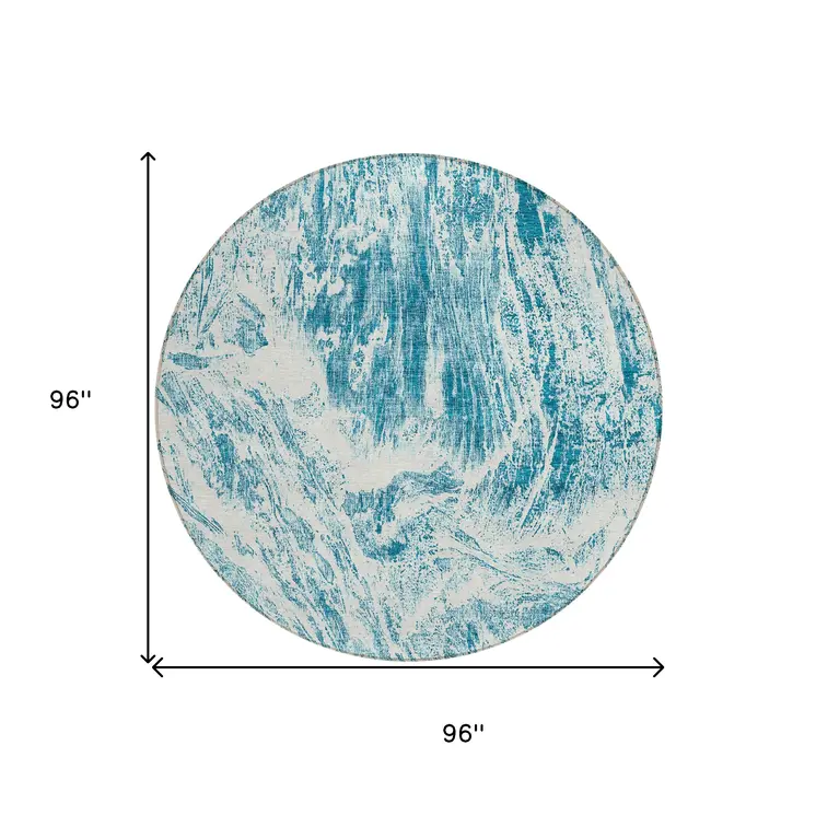 8' Teal Blue And Ivory Round Abstract Washable Indoor Outdoor Area Rug