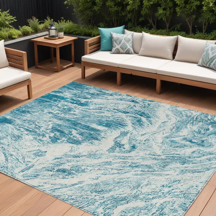 9' X 12' Teal Blue And Ivory Abstract Washable Indoor Outdoor Area Rug