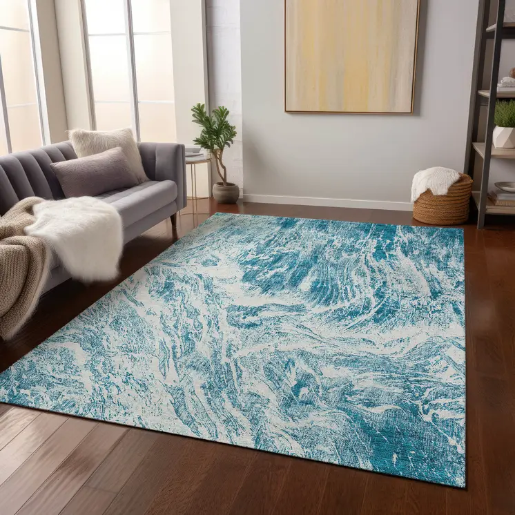 9' X 12' Teal Blue And Ivory Abstract Washable Indoor Outdoor Area Rug