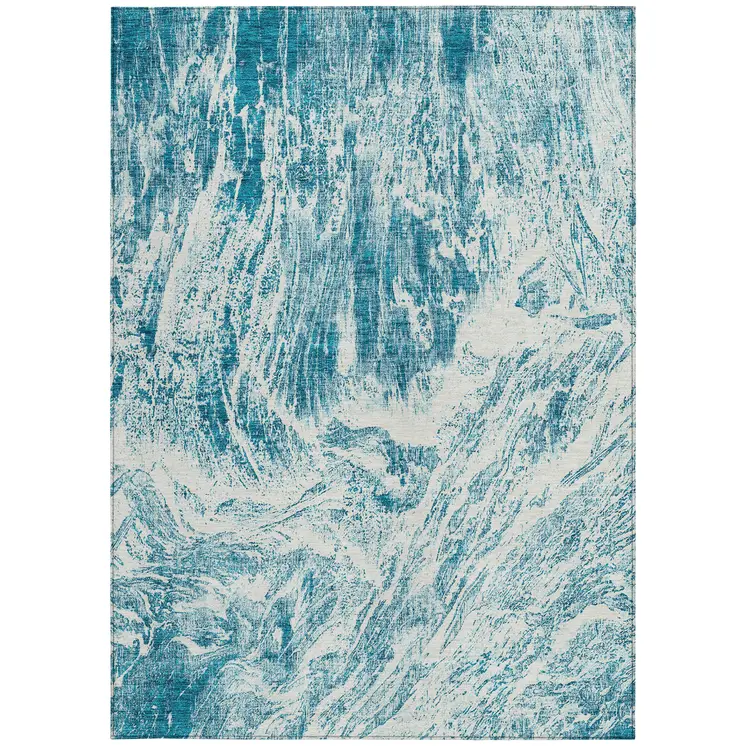 10' X 14' Teal Blue And Ivory Abstract Washable Indoor Outdoor Area Rug