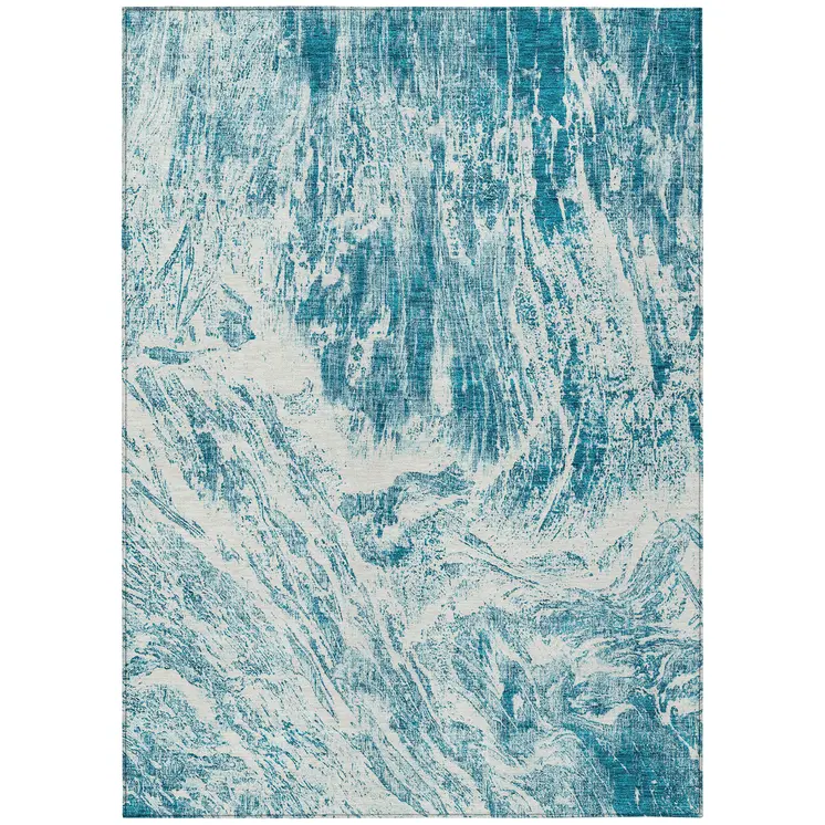 10' X 14' Teal Blue And Ivory Abstract Washable Indoor Outdoor Area Rug