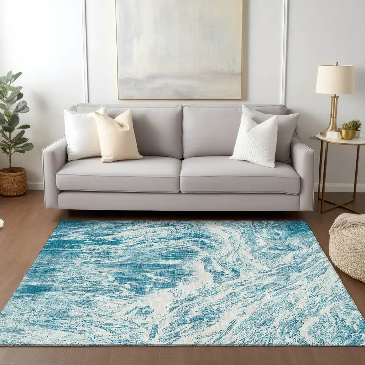 10' X 14' Teal Blue And Ivory Abstract Washable Indoor Outdoor Area Rug
