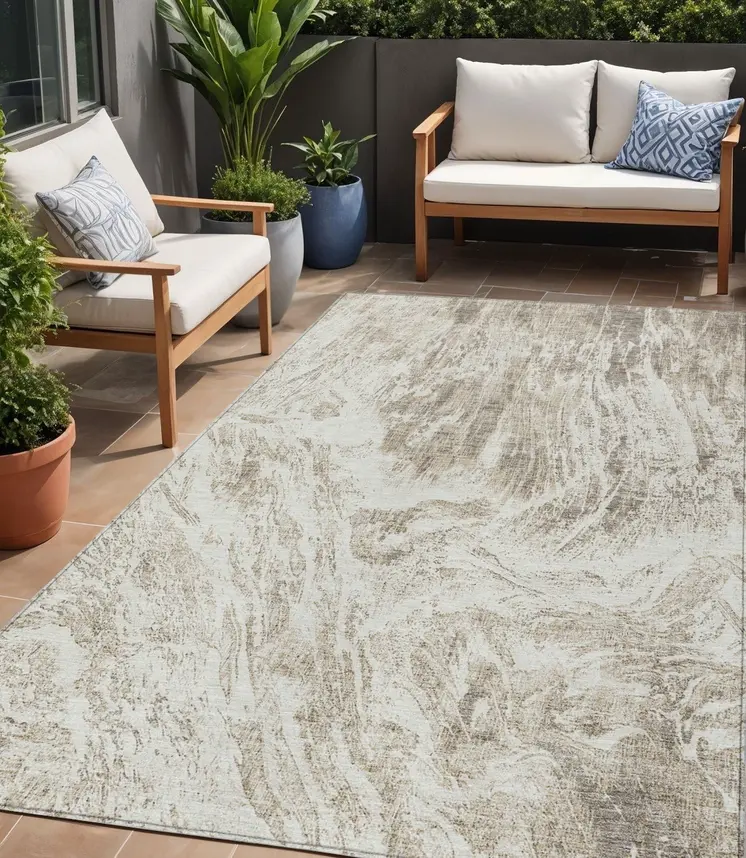 5' X 8' Taupe And Ivory Abstract Washable Indoor Outdoor Area Rug