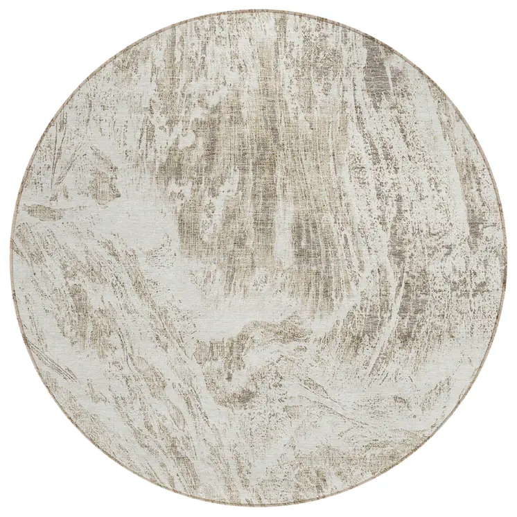 8' Taupe And Ivory Round Abstract Washable Indoor Outdoor Area Rug