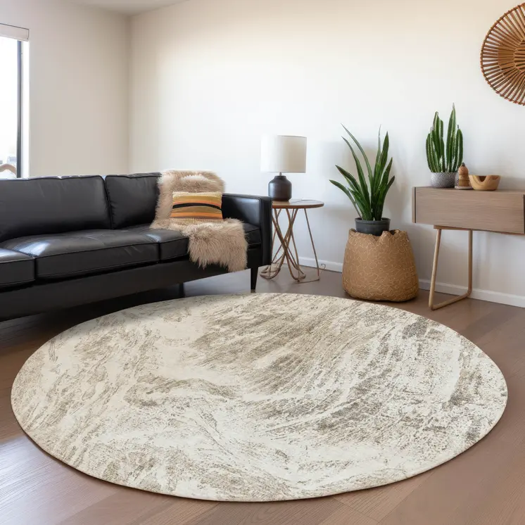 8' Taupe And Ivory Round Abstract Washable Indoor Outdoor Area Rug