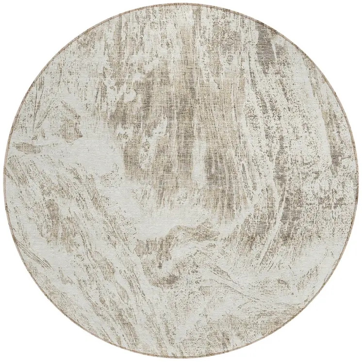 8' Taupe And Ivory Round Abstract Washable Indoor Outdoor Area Rug