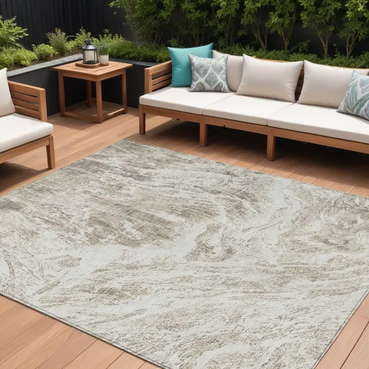 9' X 12' Taupe And Ivory Abstract Washable Indoor Outdoor Area Rug