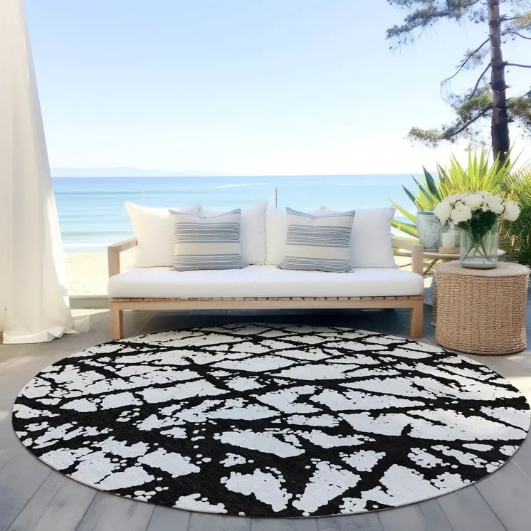 8' Black And Ivory Round Abstract Washable Indoor Outdoor Area Rug