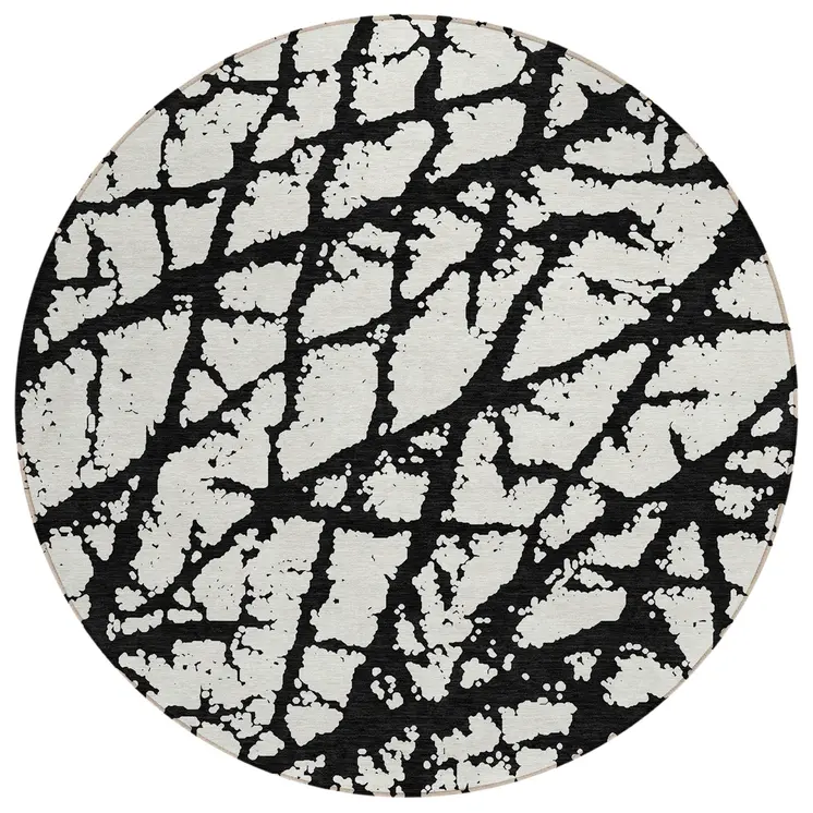 8' Black And Ivory Round Abstract Washable Indoor Outdoor Area Rug