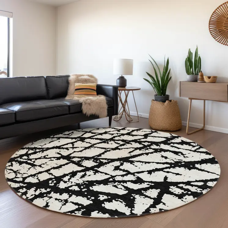 8' Black And Ivory Round Abstract Washable Indoor Outdoor Area Rug