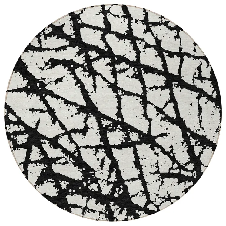 8' Black And Ivory Round Abstract Washable Indoor Outdoor Area Rug