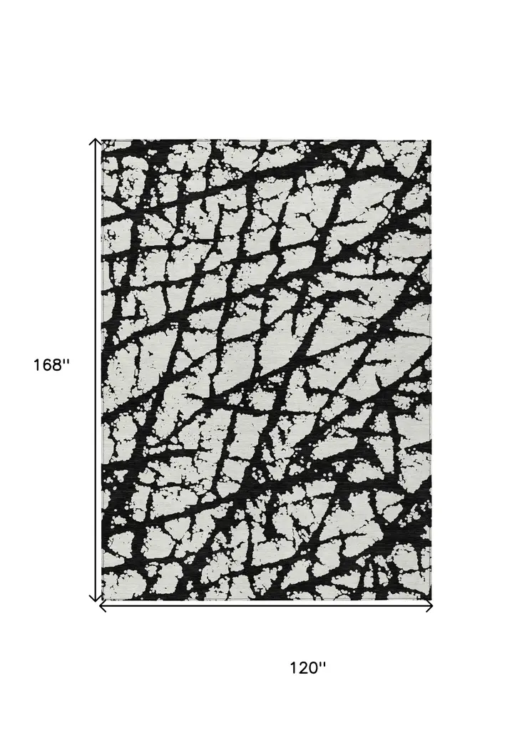 10' X 14' Black And Ivory Abstract Washable Indoor Outdoor Area Rug