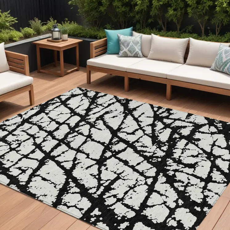 10' X 14' Black And Ivory Abstract Washable Indoor Outdoor Area Rug