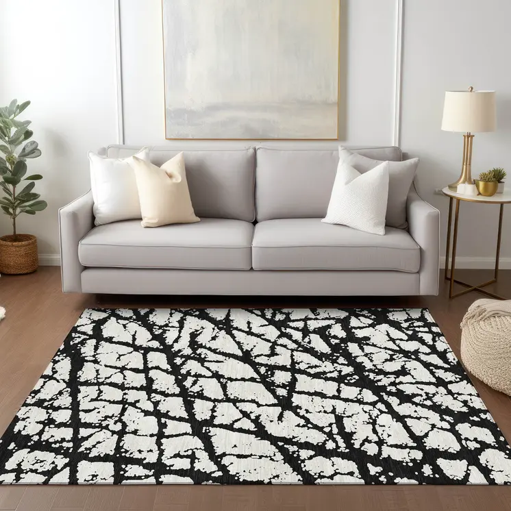 10' X 14' Black And Ivory Abstract Washable Indoor Outdoor Area Rug