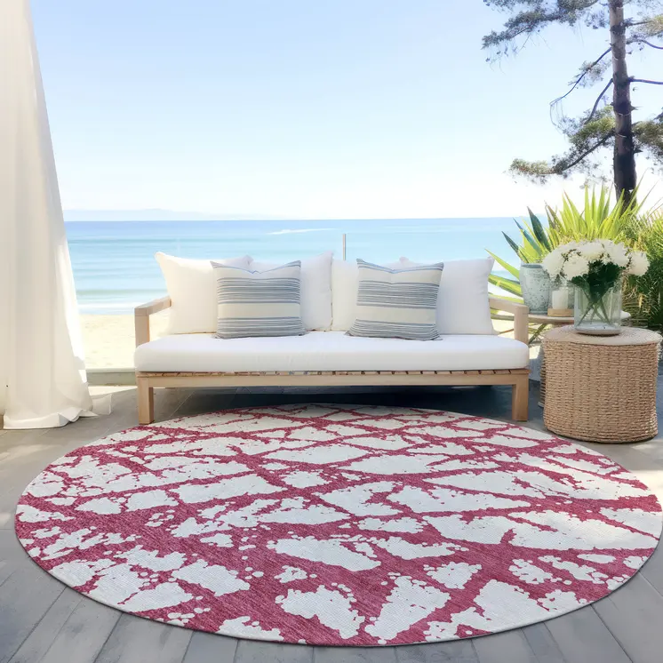 8' Blush And Ivory Round Abstract Washable Indoor Outdoor Area Rug