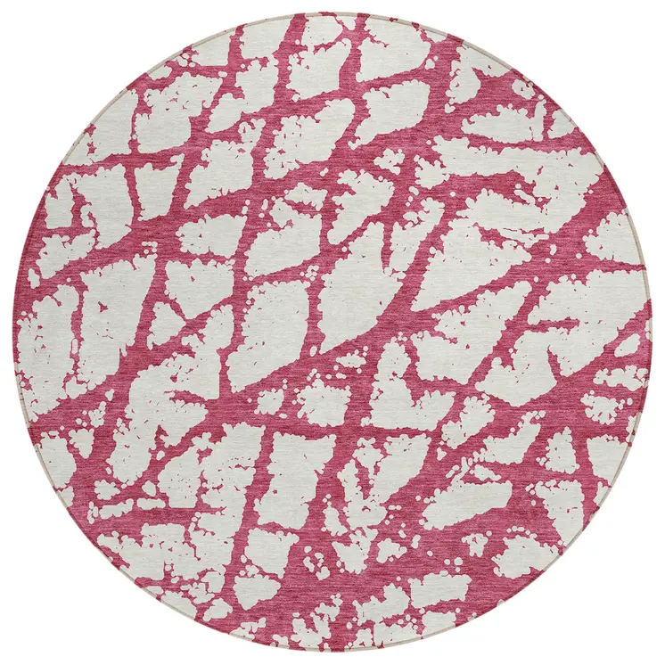 8' Blush And Ivory Round Abstract Washable Indoor Outdoor Area Rug