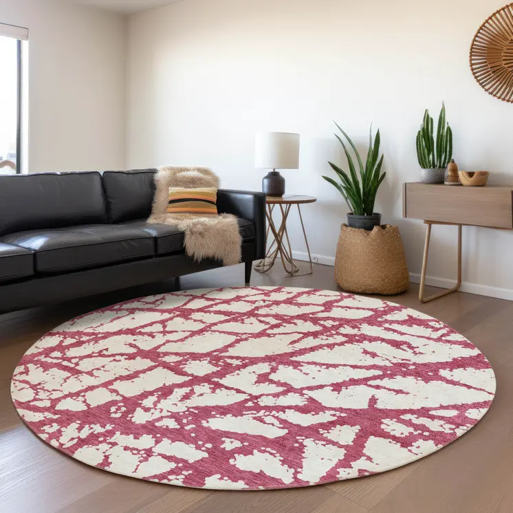 8' Blush And Ivory Round Abstract Washable Indoor Outdoor Area Rug