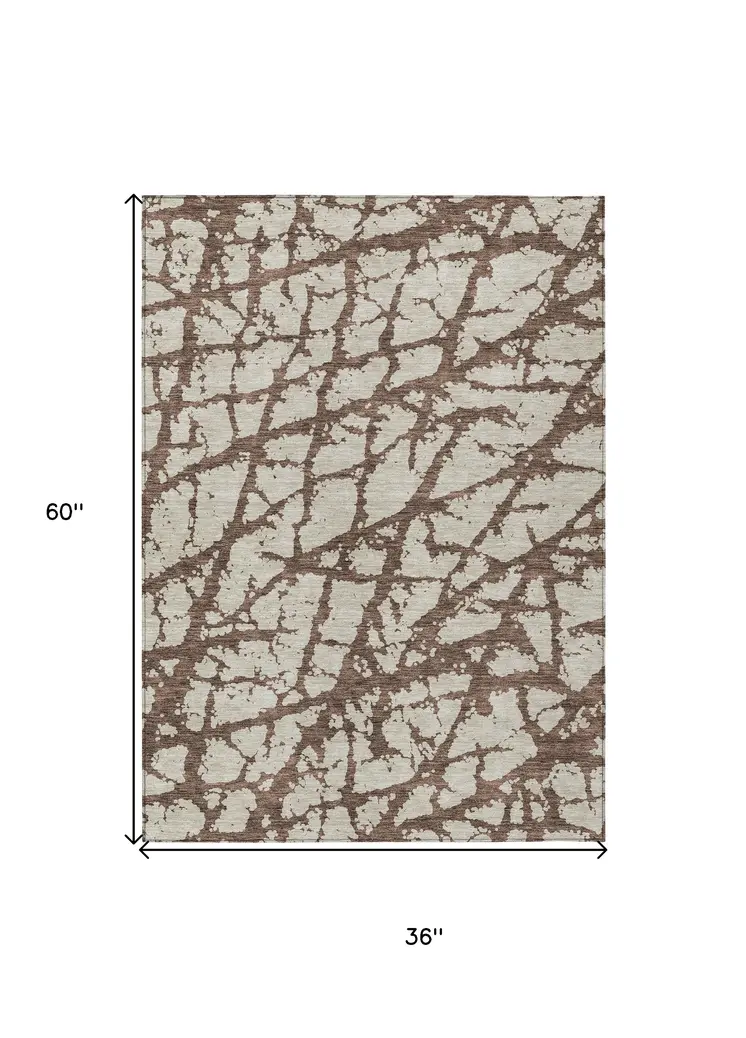 3' X 5' Brown And Ivory Abstract Washable Indoor Outdoor Area Rug