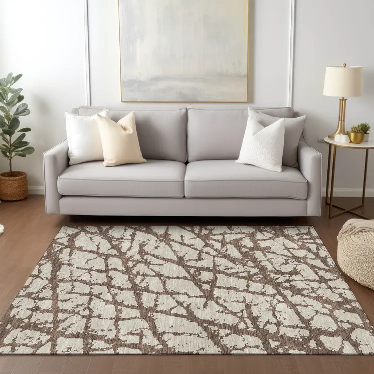 3' X 5' Brown And Ivory Abstract Washable Indoor Outdoor Area Rug
