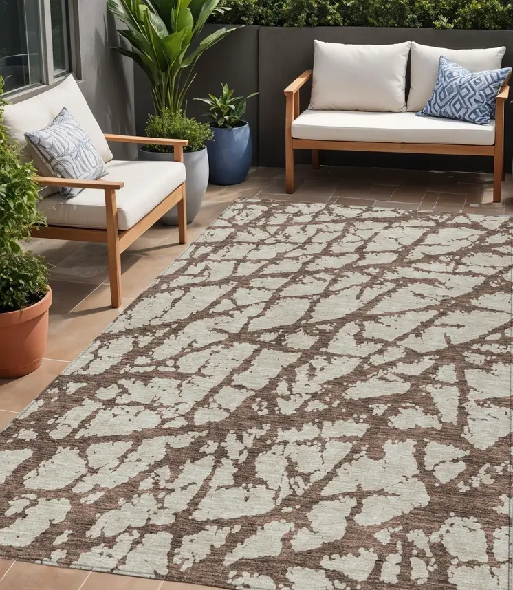 5' X 8' Brown And Ivory Abstract Washable Indoor Outdoor Area Rug