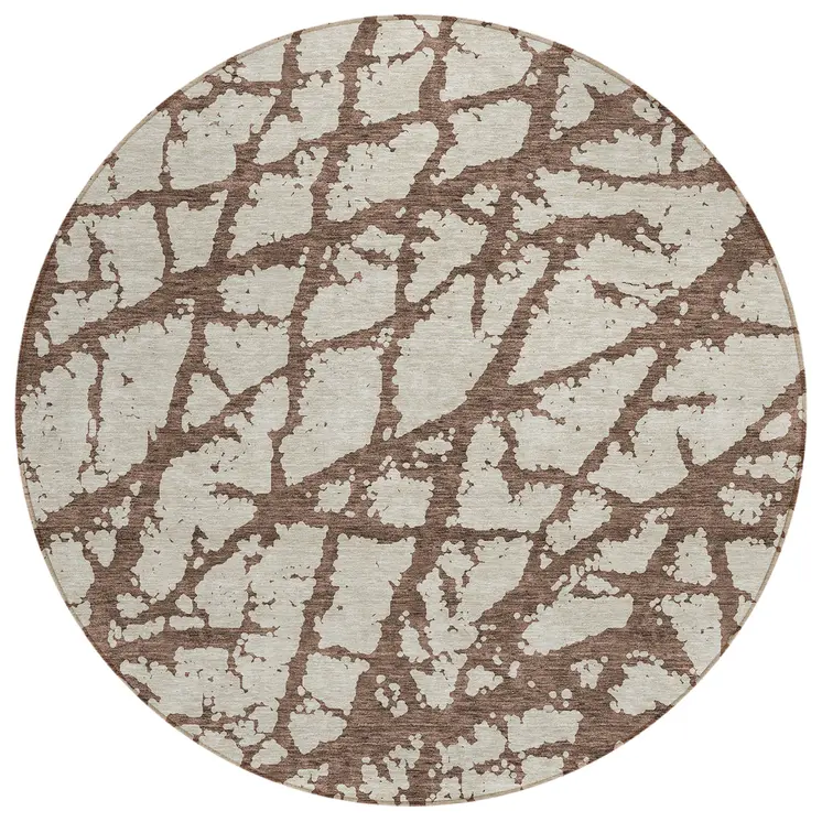8' Brown And Ivory Round Abstract Washable Indoor Outdoor Area Rug