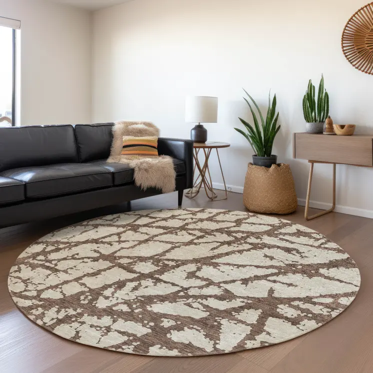 8' Brown And Ivory Round Abstract Washable Indoor Outdoor Area Rug
