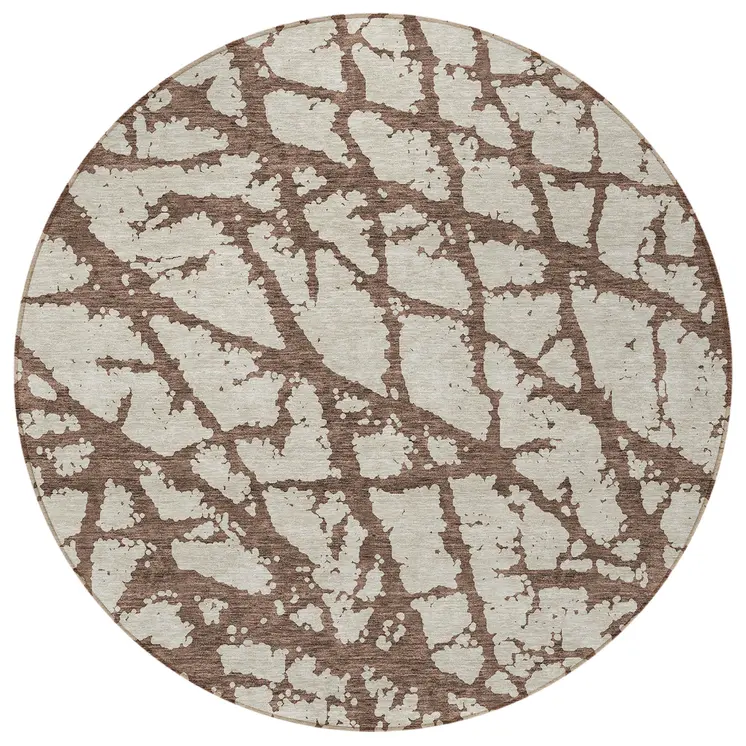 8' Brown And Ivory Round Abstract Washable Indoor Outdoor Area Rug