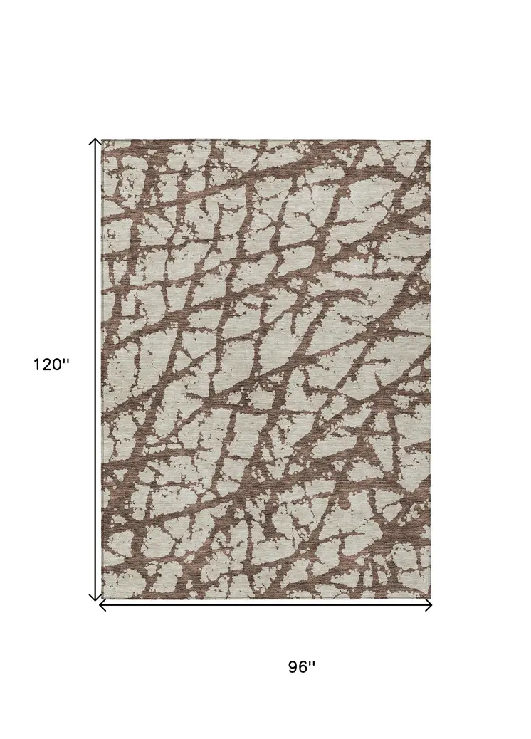 8' X 10' Brown And Ivory Abstract Washable Indoor Outdoor Area Rug