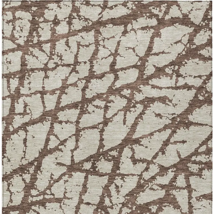 9' X 12' Brown And Ivory Abstract Washable Indoor Outdoor Area Rug