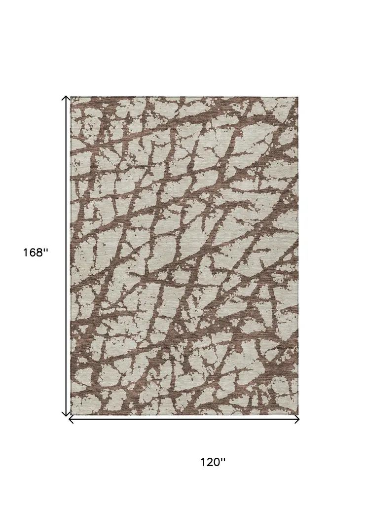 10' X 14' Brown And Ivory Abstract Washable Indoor Outdoor Area Rug