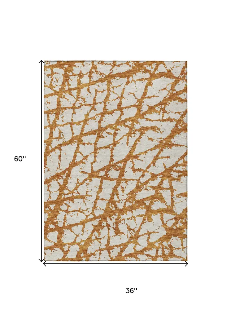 3' X 5' Copper And Ivory Abstract Washable Indoor Outdoor Area Rug