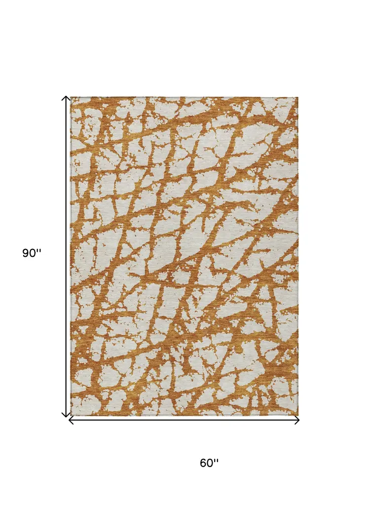 5' X 8' Copper And Ivory Abstract Washable Indoor Outdoor Area Rug