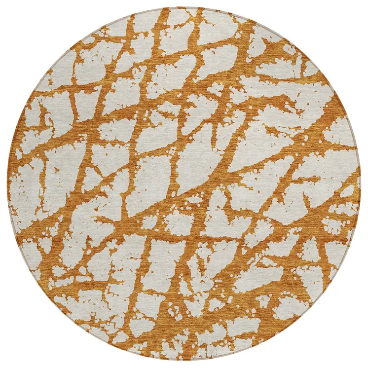 8' Copper And Ivory Round Abstract Washable Indoor Outdoor Area Rug