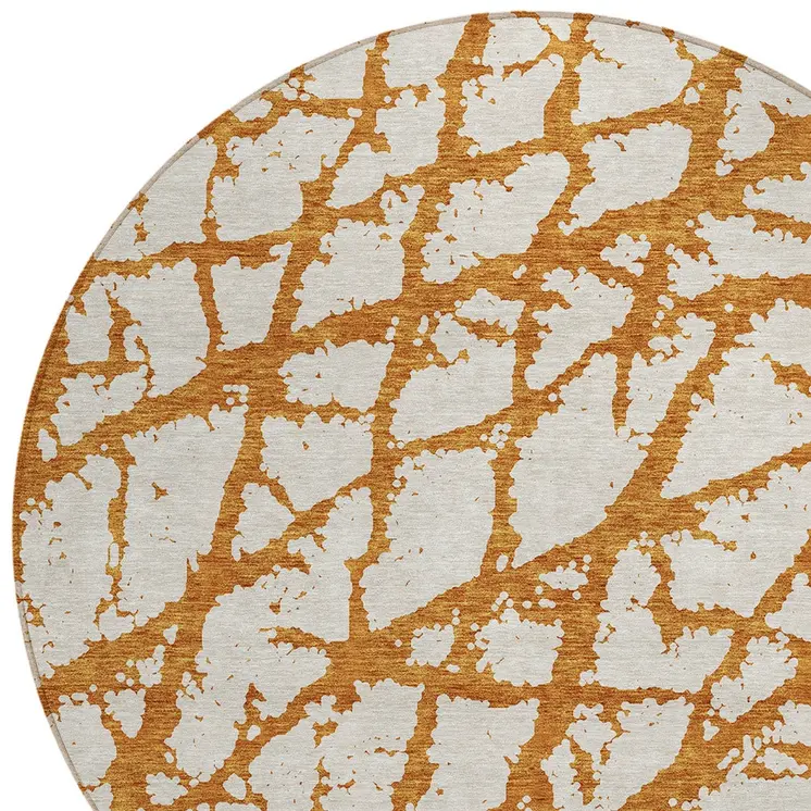 8' Copper And Ivory Round Abstract Washable Indoor Outdoor Area Rug