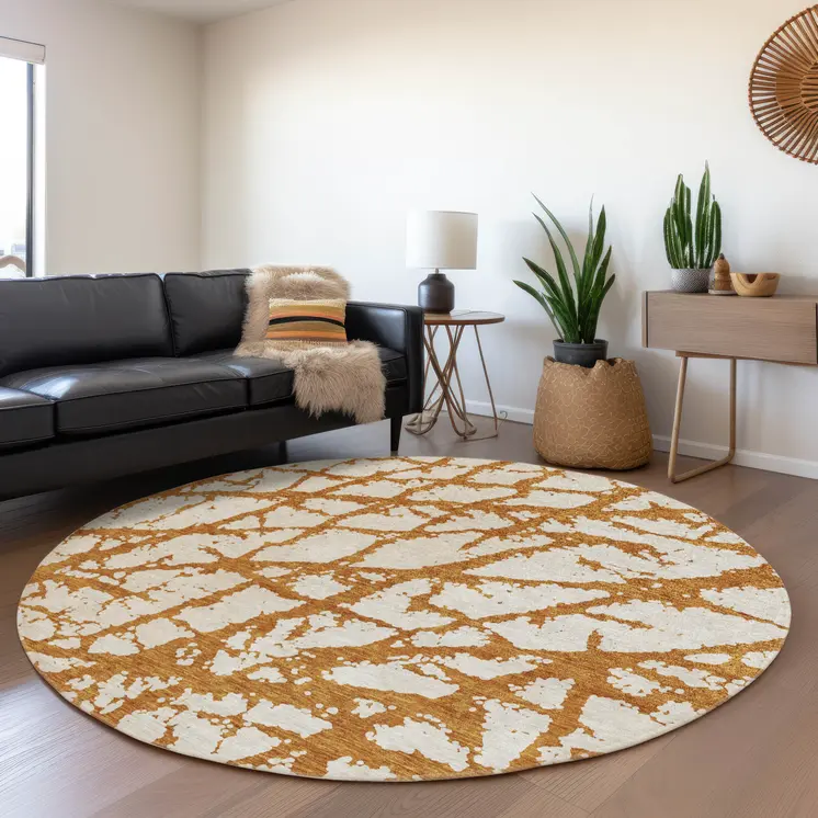 8' Copper And Ivory Round Abstract Washable Indoor Outdoor Area Rug