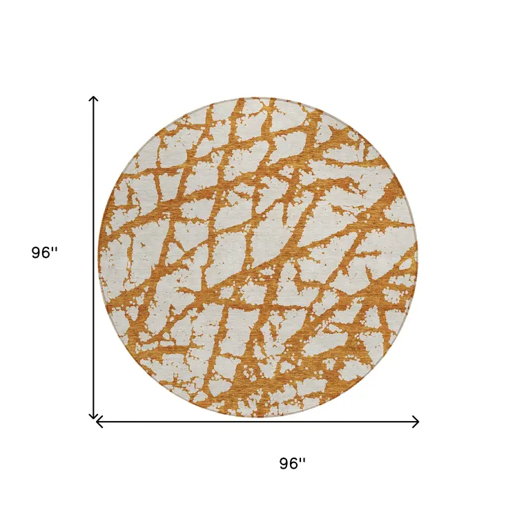 8' Copper And Ivory Round Abstract Washable Indoor Outdoor Area Rug