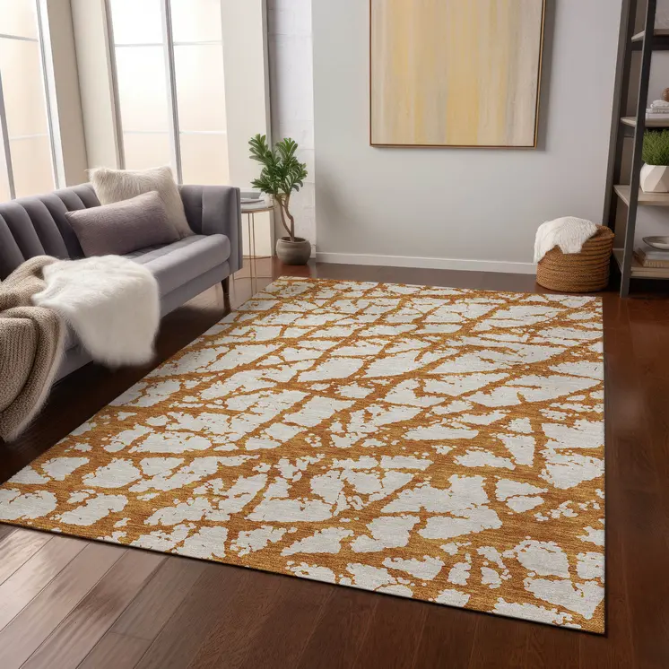 10' X 14' Copper And Ivory Abstract Washable Indoor Outdoor Area Rug