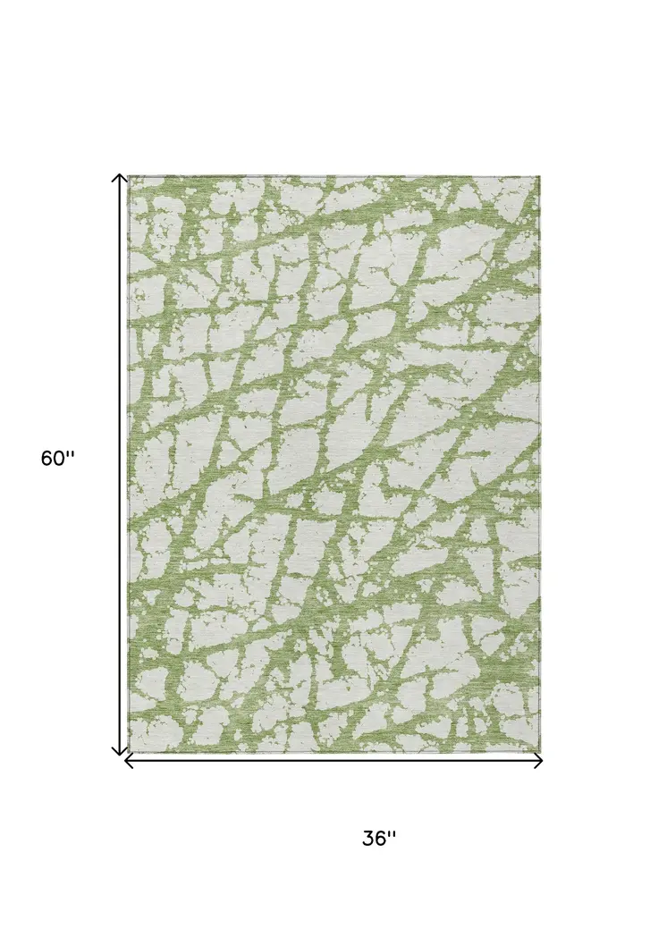 3' X 5' Green And Ivory Abstract Washable Indoor Outdoor Area Rug