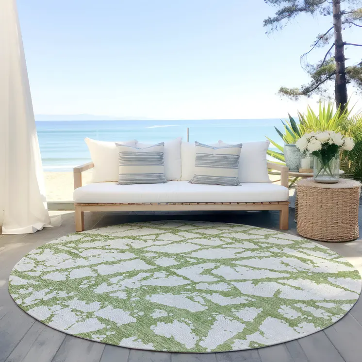 8' Green And Ivory Round Abstract Washable Indoor Outdoor Area Rug