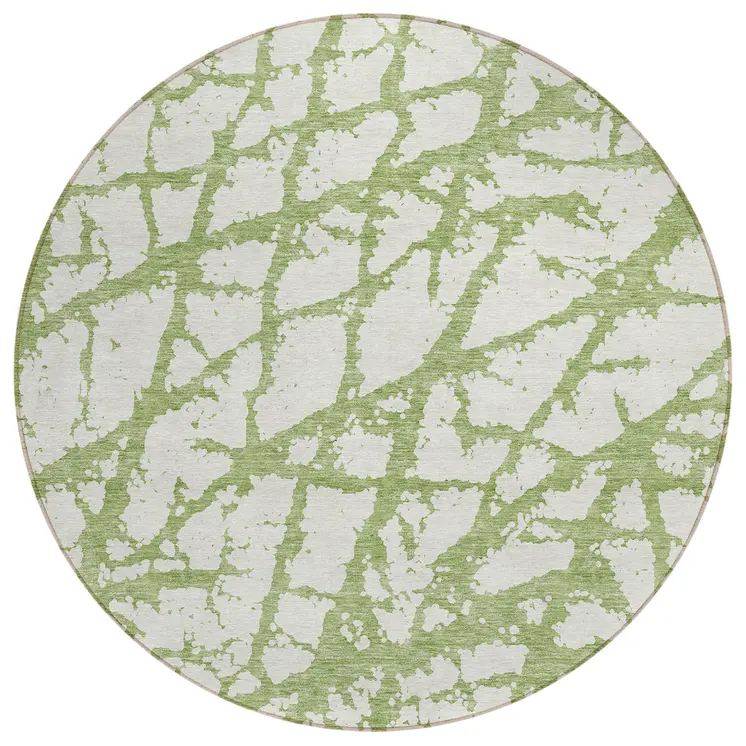 8' Green And Ivory Round Abstract Washable Indoor Outdoor Area Rug