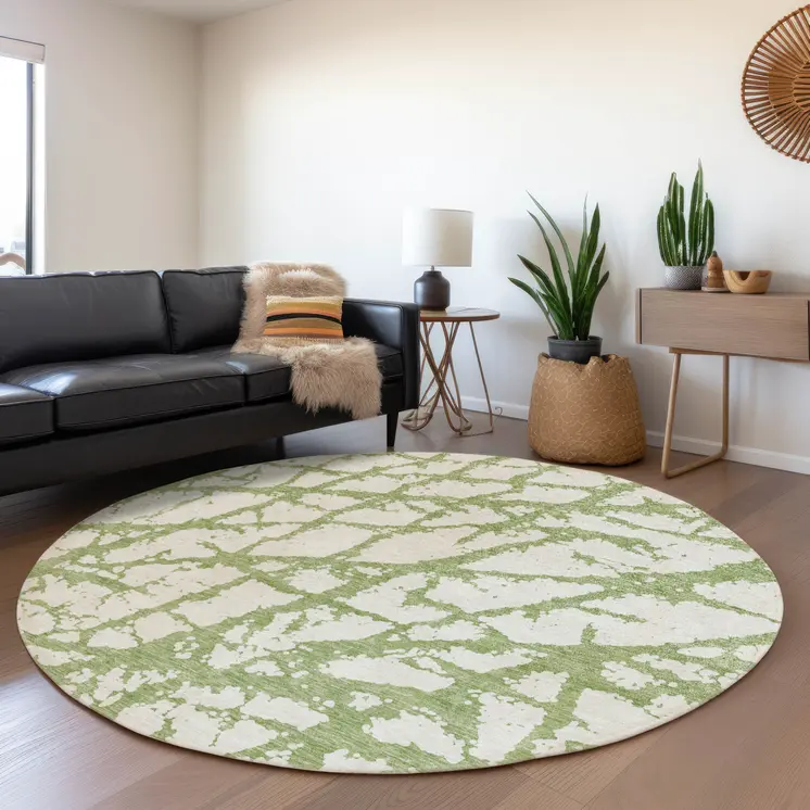 8' Green And Ivory Round Abstract Washable Indoor Outdoor Area Rug