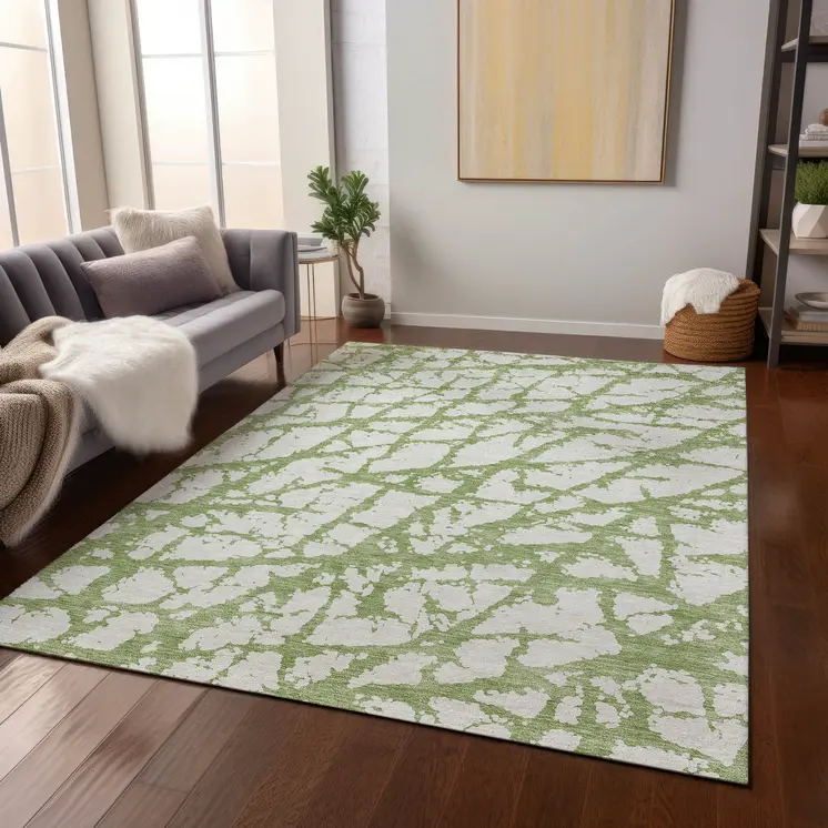 8' X 10' Green And Ivory Abstract Washable Indoor Outdoor Area Rug