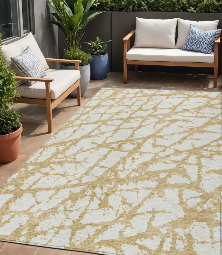 5' X 8' Gold And Ivory Abstract Washable Indoor Outdoor Area Rug