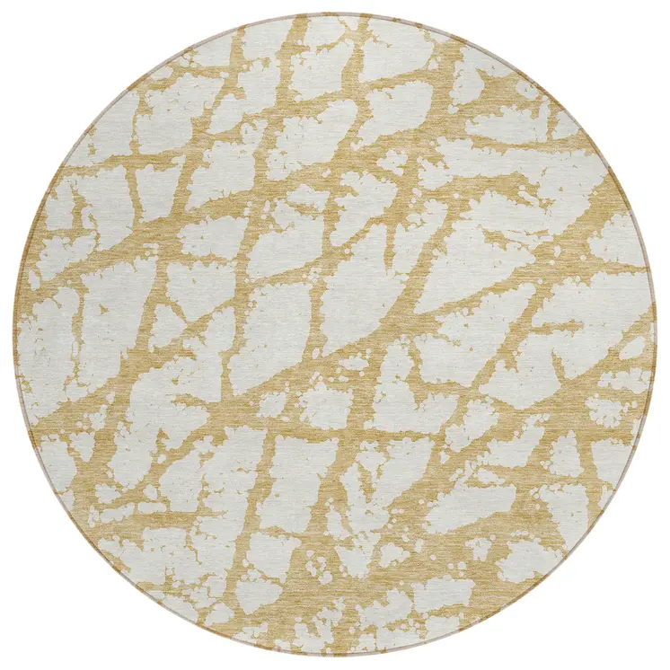8' Gold And Ivory Round Abstract Washable Indoor Outdoor Area Rug