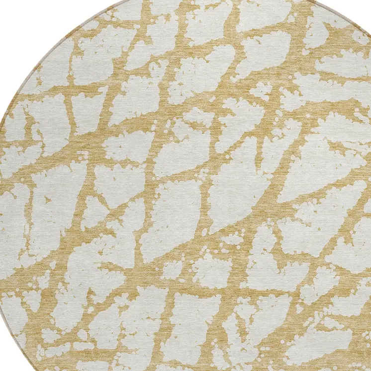 8' Gold And Ivory Round Abstract Washable Indoor Outdoor Area Rug