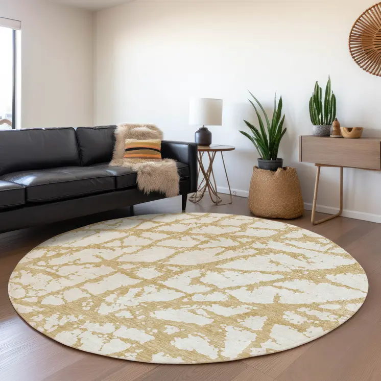 8' Gold And Ivory Round Abstract Washable Indoor Outdoor Area Rug